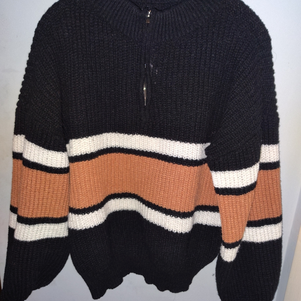 Black and Tan Striped Zip-Up Sweater